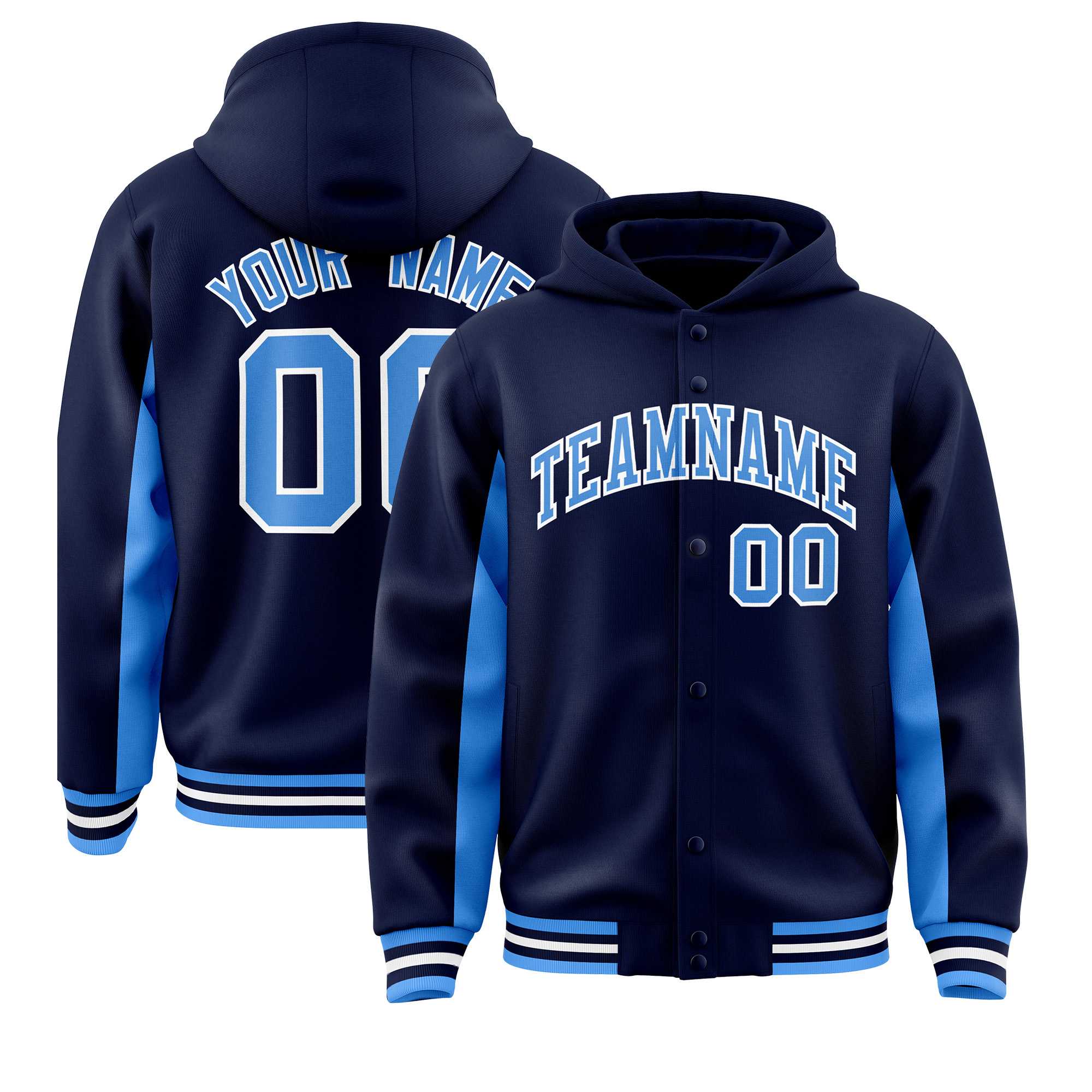 Custom Navy Powder Blue Color Block Varsity Full-Snap Letterman Jacket Hoodie| KXKSHOP