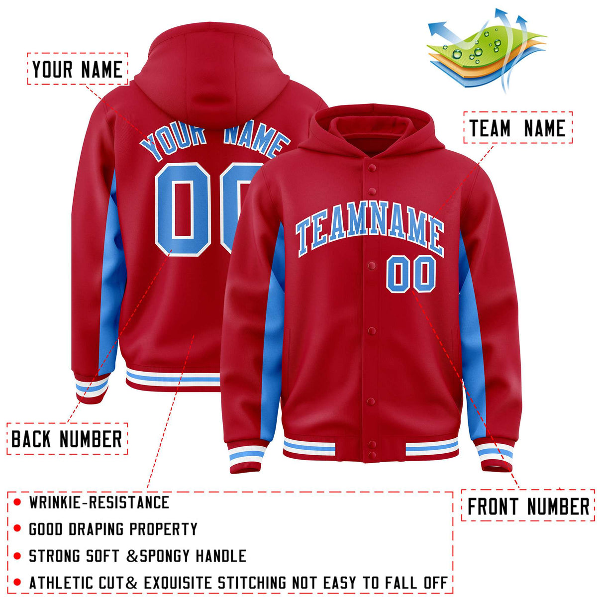Custom Red Powder Blue Color Block Varsity Full-Snap Letterman Jacket Hoodie| KXKSHOP
