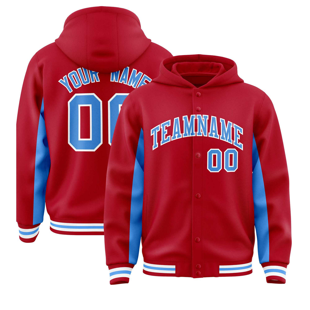 Custom Red Powder Blue Color Block Varsity Full-Snap Letterman Jacket Hoodie| KXKSHOP