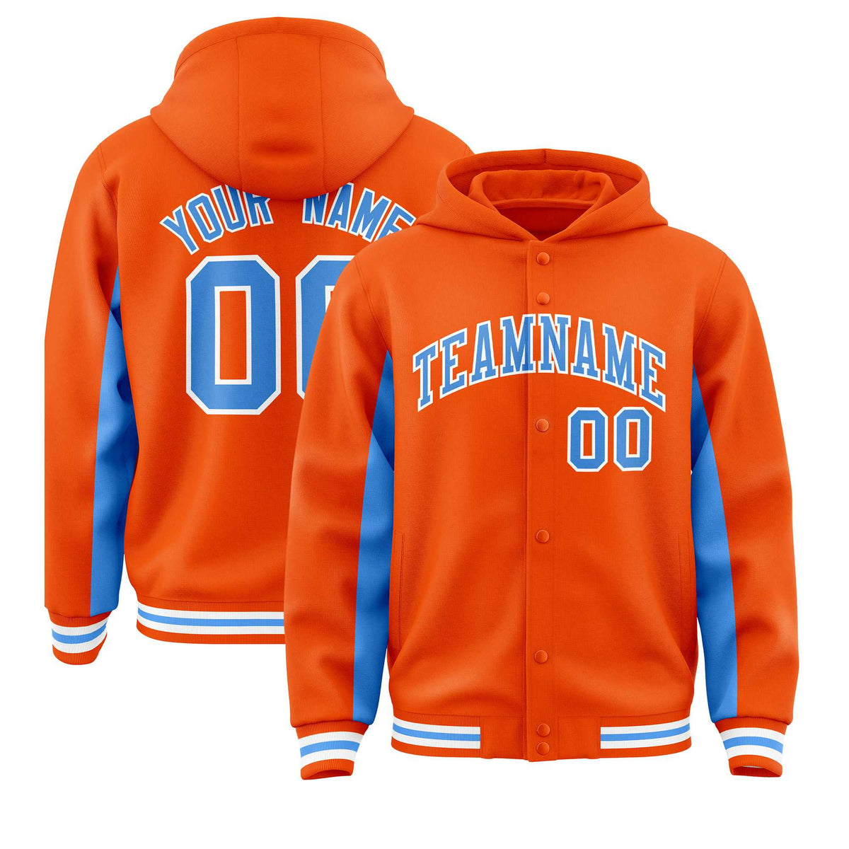 Custom Orange Powder Blue Color Block Varsity Full-Snap Letterman Jacket Hoodie| KXKSHOP