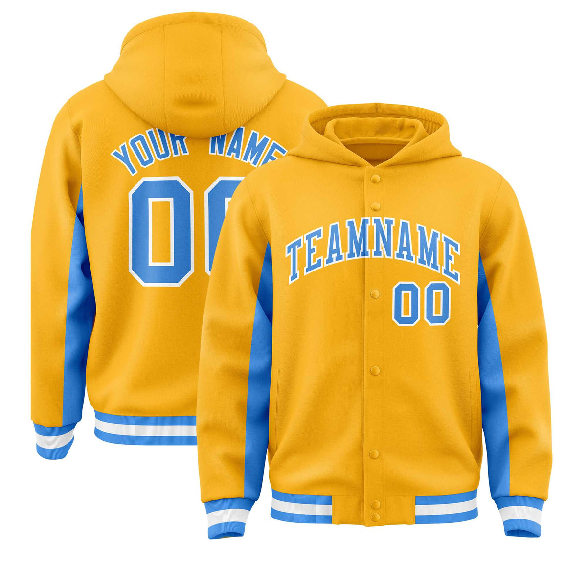 Custom Gold Powder Blue Color Block Varsity Full-Snap Letterman Jacket Hoodie| KXKSHOP