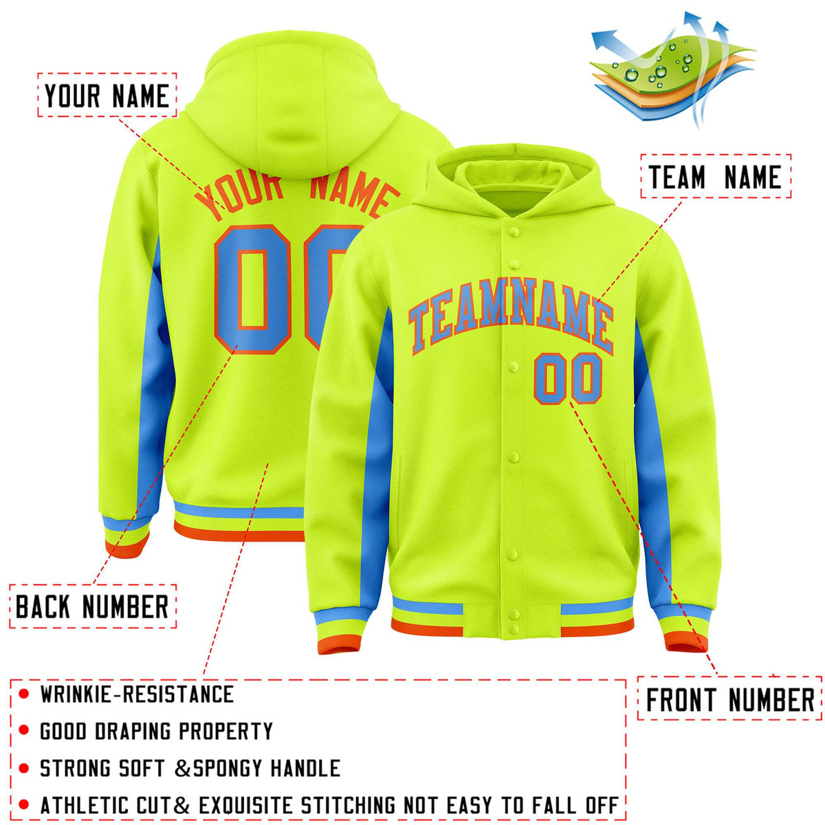 Custom Neon Green Powder Blue Color Block Varsity Full-Snap Letterman Jacket Hoodie| KXKSHOP