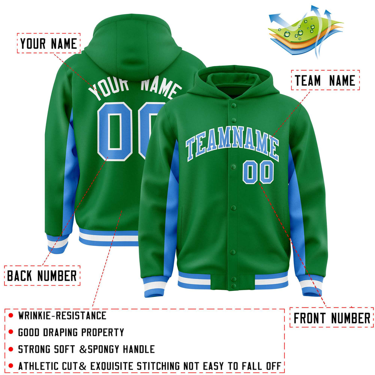 Custom Kelly Green Powder Blue Color Block Varsity Full-Snap Letterman Jacket Hoodie| KXKSHOP