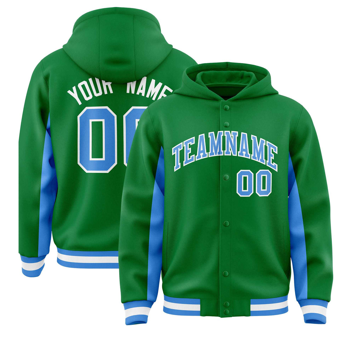 Custom Kelly Green Powder Blue Color Block Varsity Full-Snap Letterman Jacket Hoodie| KXKSHOP