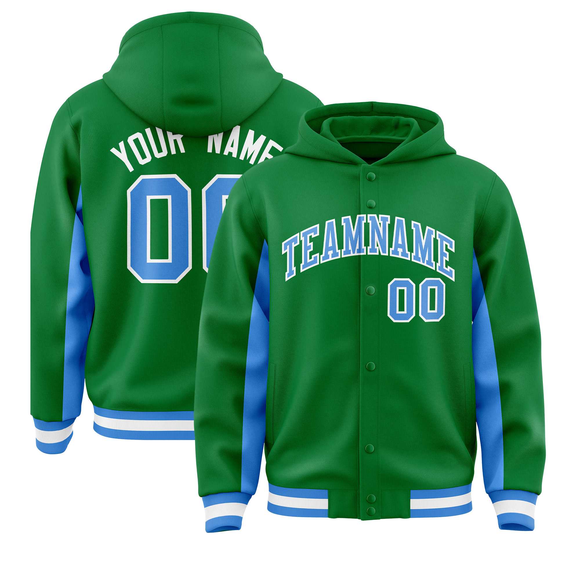 Custom Kelly Green Powder Blue Color Block Varsity Full-Snap Letterman Jacket Hoodie| KXKSHOP
