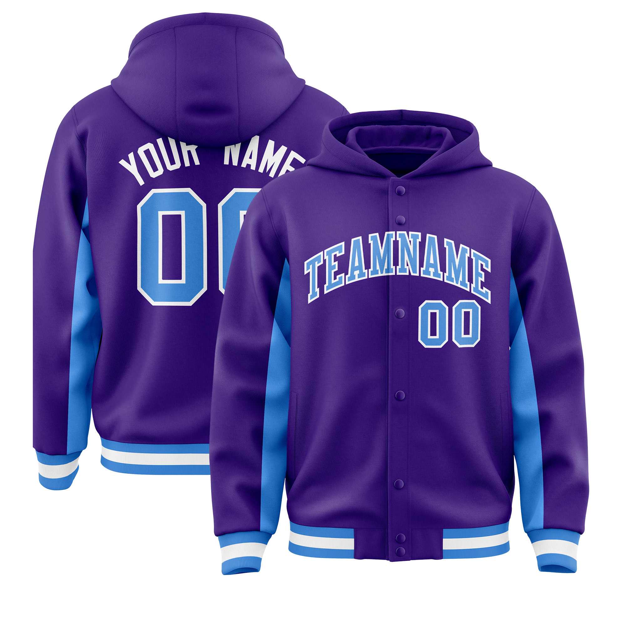 Custom Purple Powder Blue Color Block Varsity Full-Snap Letterman Jacket Hoodie| KXKSHOP