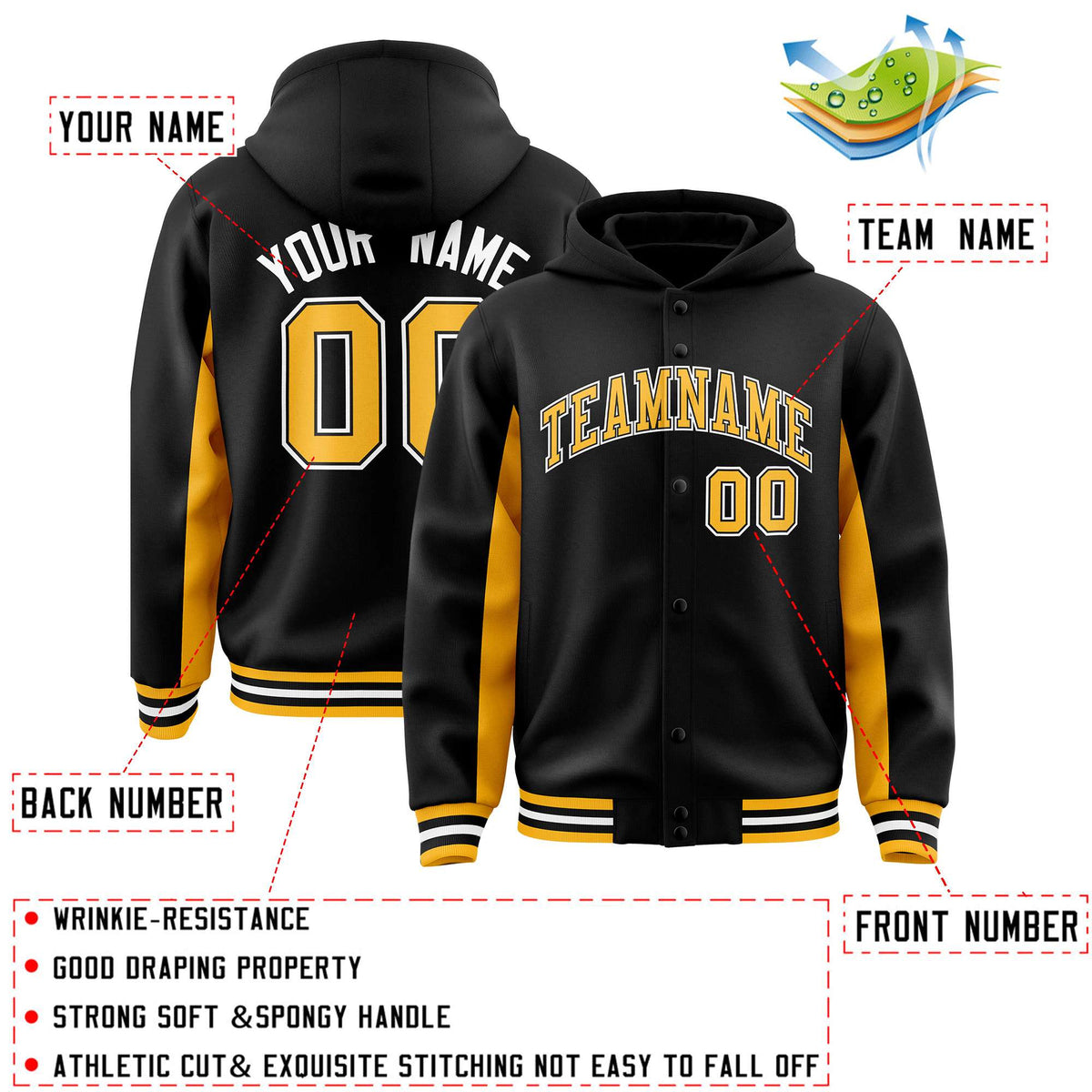 Custom Black Gold Color Block Varsity Full-Snap Letterman Jacket Hoodie| KXKSHOP