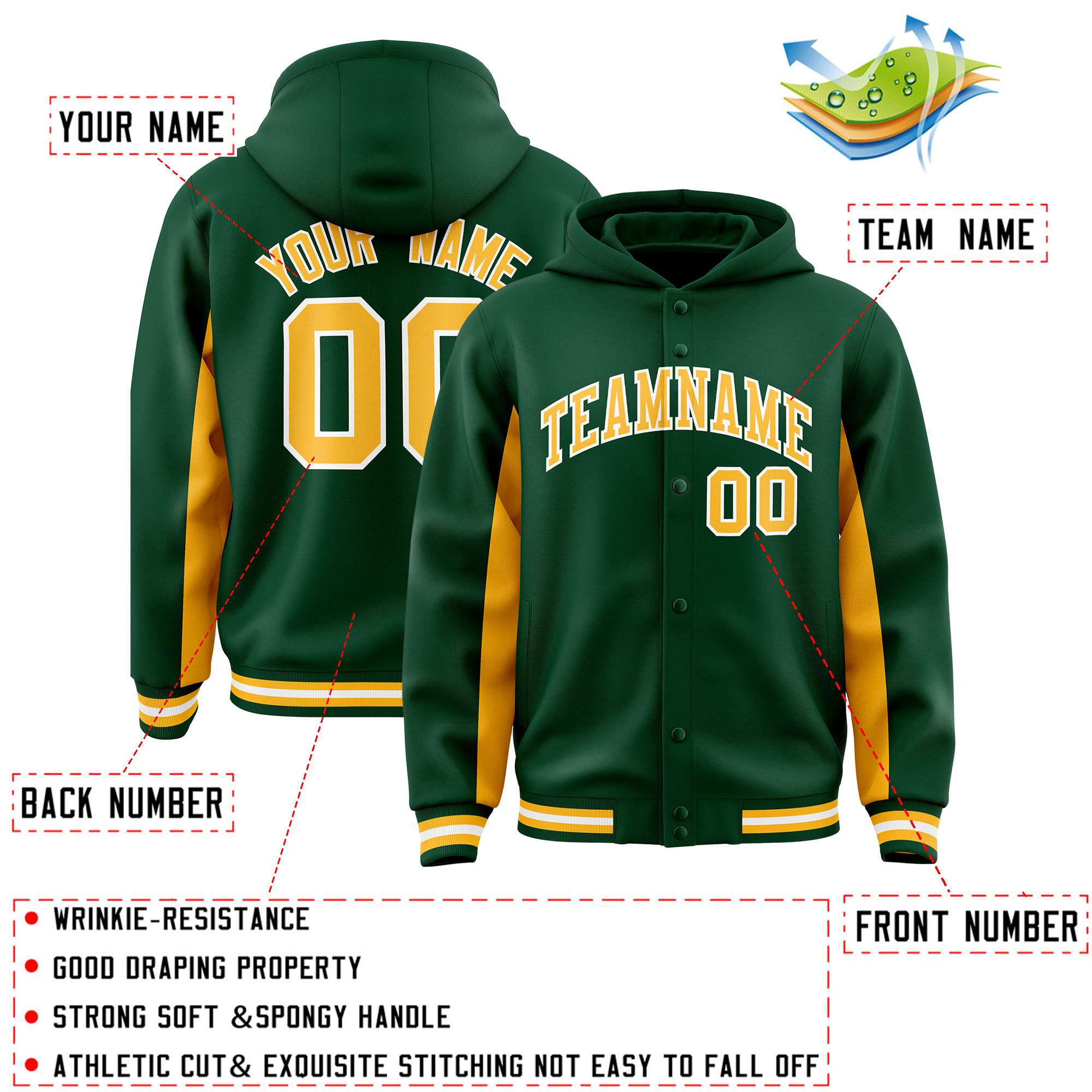 Custom Green Gold Color Block Varsity Full-Snap Letterman Jacket Hoodie| KXKSHOP
