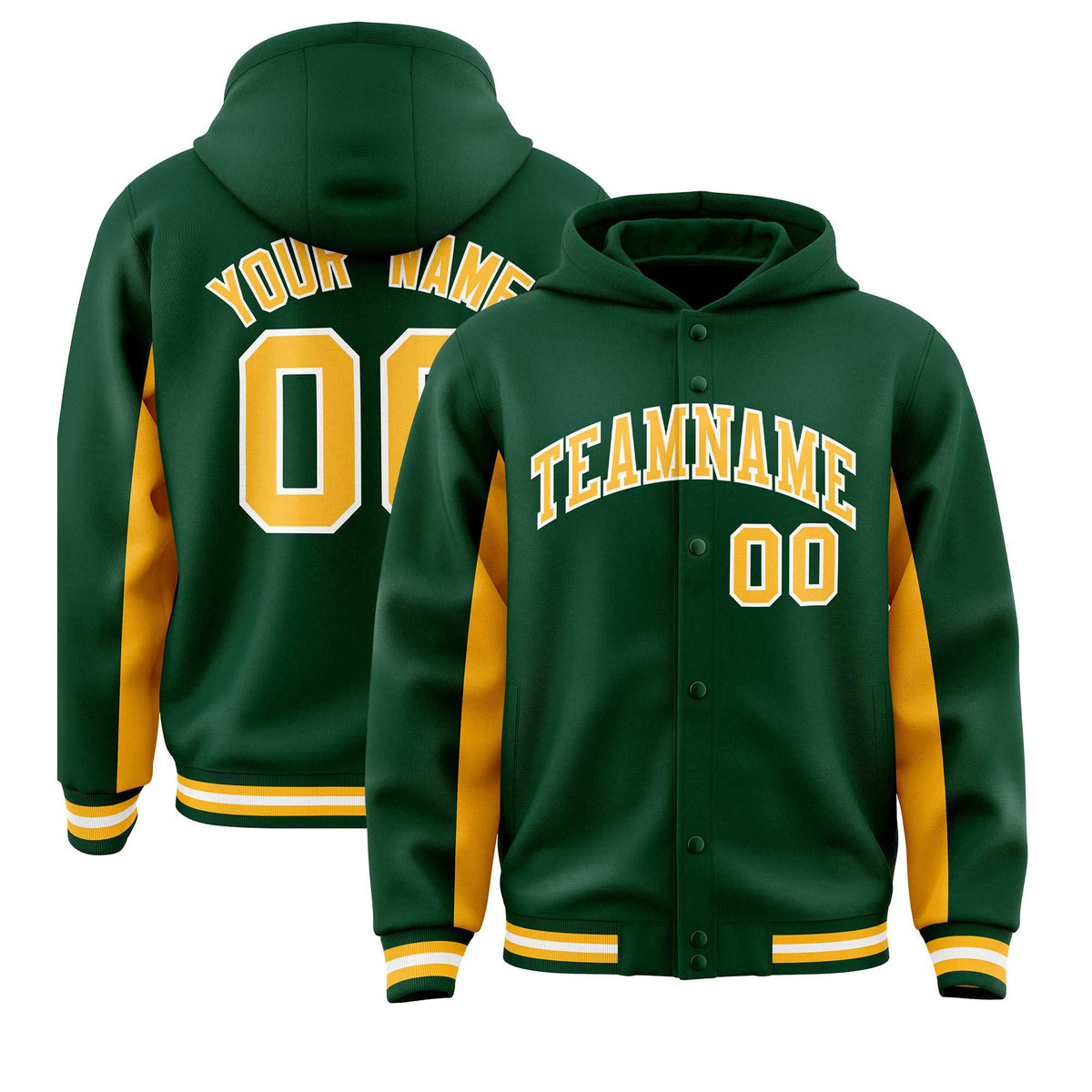 Custom Green Gold Color Block Varsity Full-Snap Letterman Jacket Hoodie| KXKSHOP