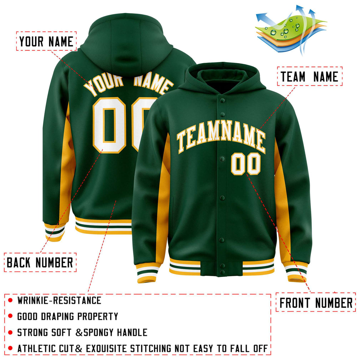 Custom Green Gold Color Block Varsity Full-Snap Letterman Jacket Hoodie| KXKSHOP