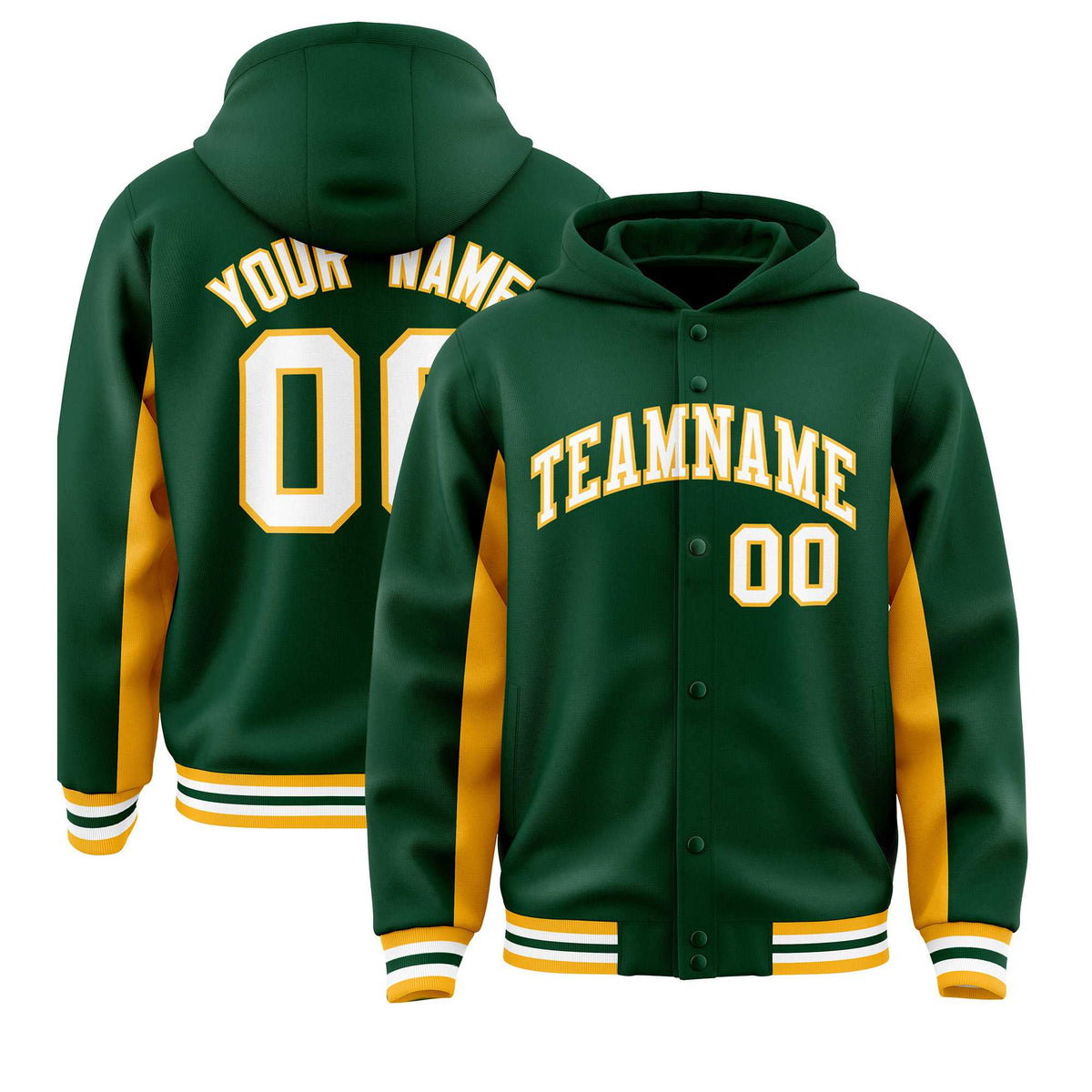 Custom Green Gold Color Block Varsity Full-Snap Letterman Jacket Hoodie| KXKSHOP