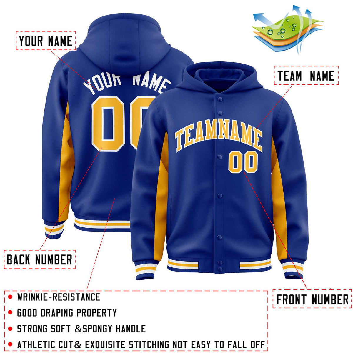Custom Royal Gold Color Block Varsity Full-Snap Letterman Jacket Hoodie| KXKSHOP