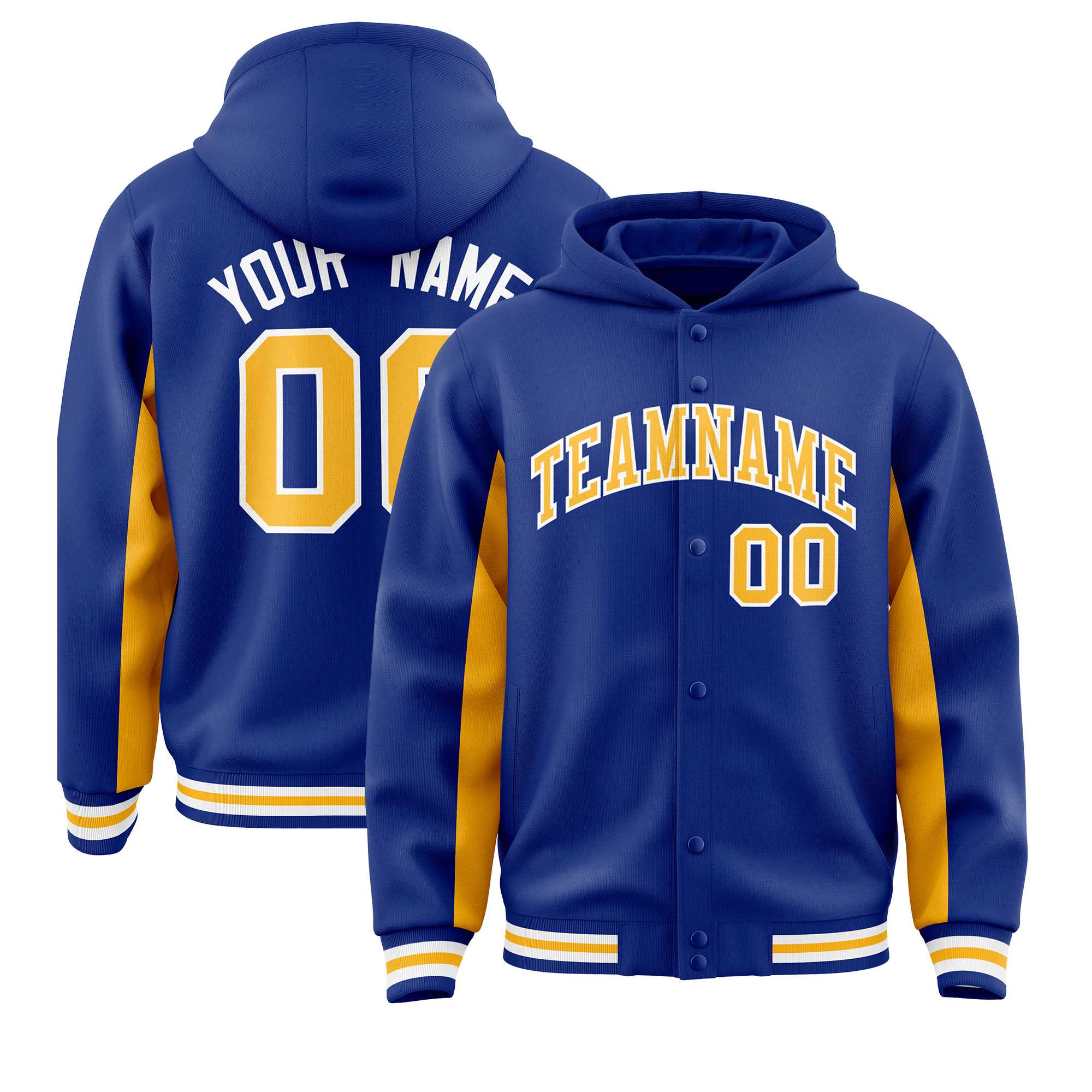 Custom Royal Gold Color Block Varsity Full-Snap Letterman Jacket Hoodie| KXKSHOP
