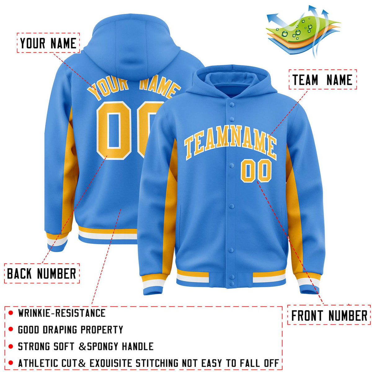 Custom Powder Blue Gold Color Block Varsity Full-Snap Letterman Jacket Hoodie| KXKSHOP