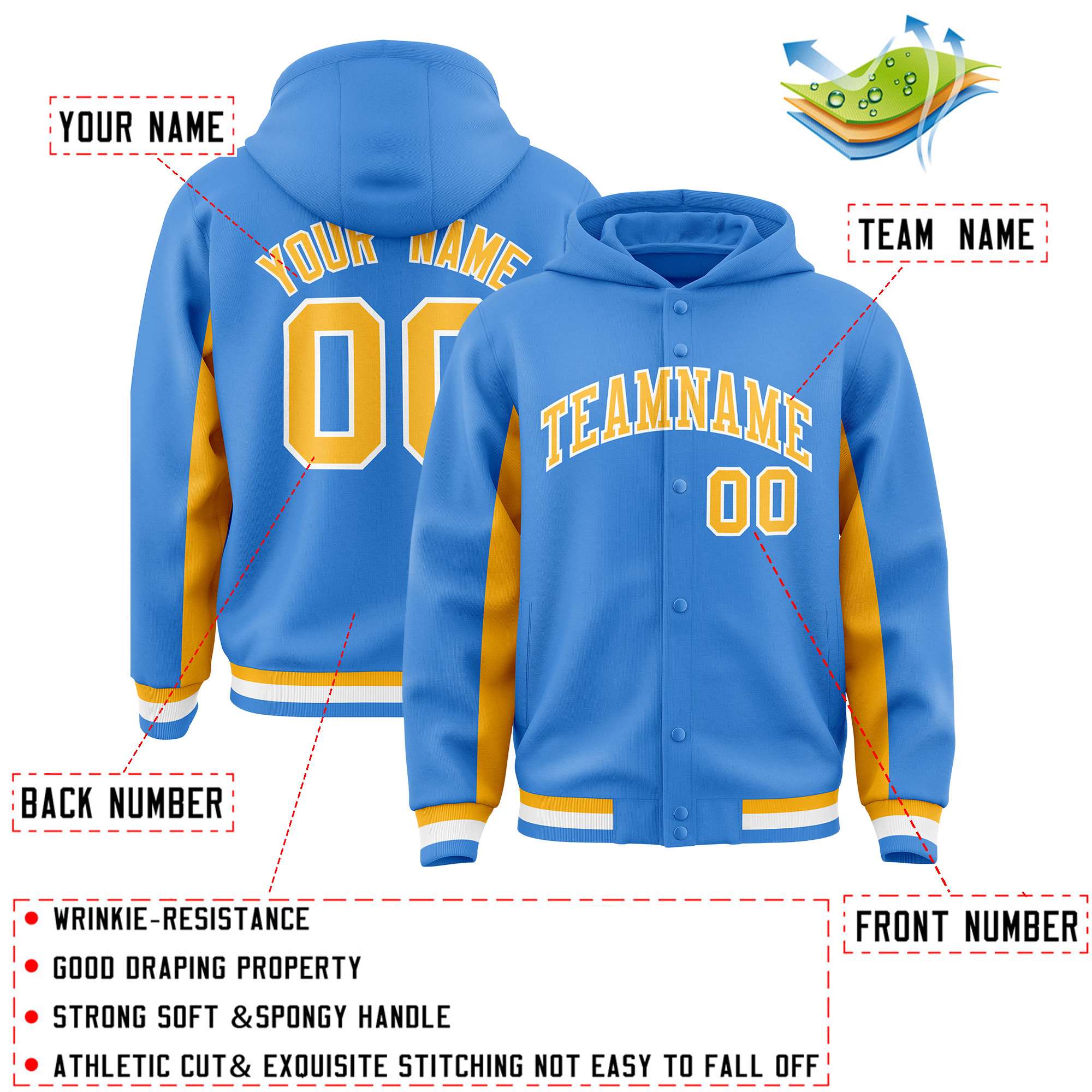 Custom Powder Blue Gold Color Block Varsity Full-Snap Letterman Jacket Hoodie| KXKSHOP