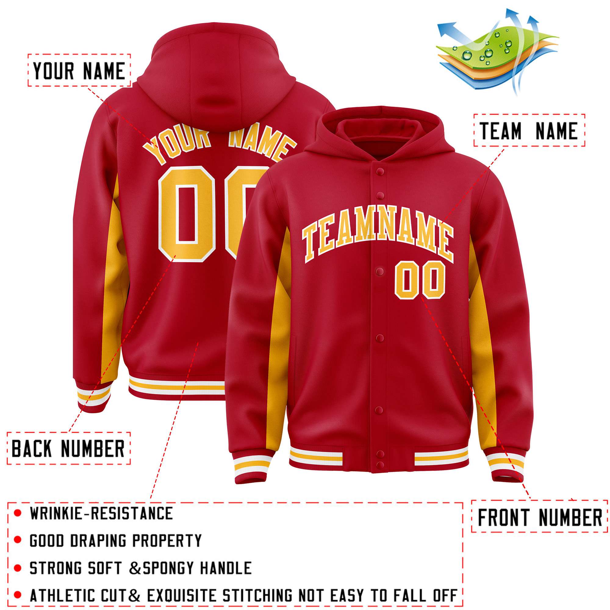 Custom Red Gold Color Block Varsity Full-Snap Letterman Jacket Hoodie| KXKSHOP