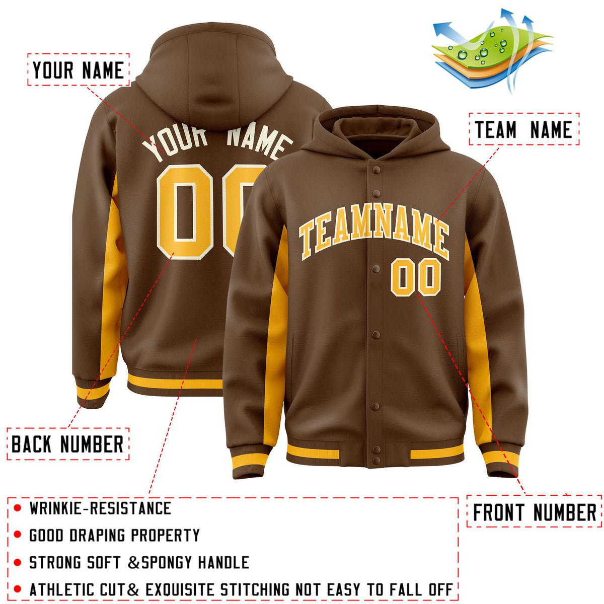 Custom Light Brown Gold Color Block Varsity Full-Snap Letterman Jacket Hoodie| KXKSHOP