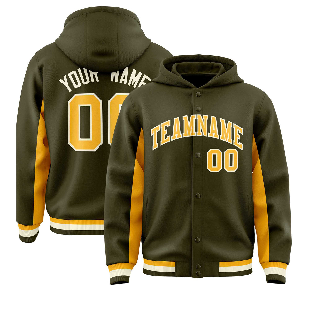 Custom Olive Gold Color Block Varsity Full-Snap Letterman Jacket Hoodie| KXKSHOP
