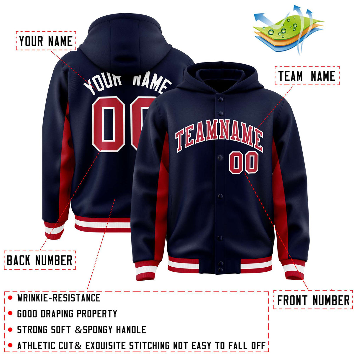 Custom Navy Red Color Block Varsity Full-Snap Letterman Jacket Hoodie| KXKSHOP