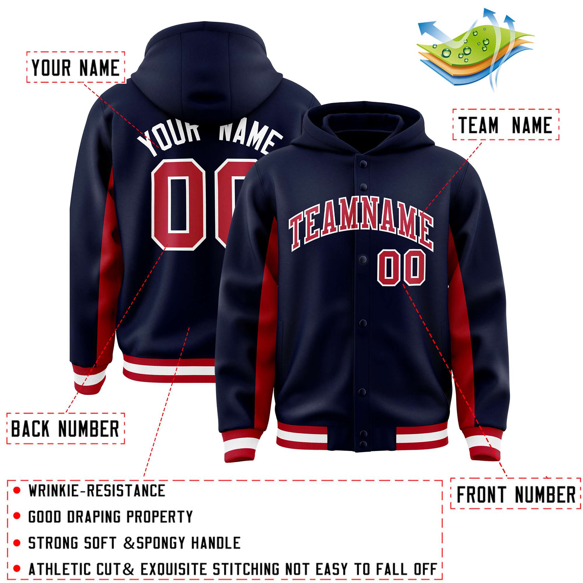 Custom Navy Red Color Block Varsity Full-Snap Letterman Jacket Hoodie| KXKSHOP