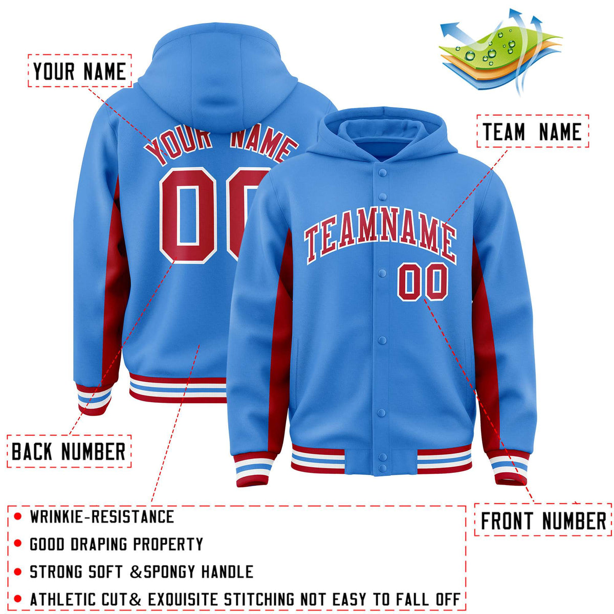 Custom Powder Blue Red Color Block Varsity Full-Snap Letterman Jacket Hoodie| KXKSHOP
