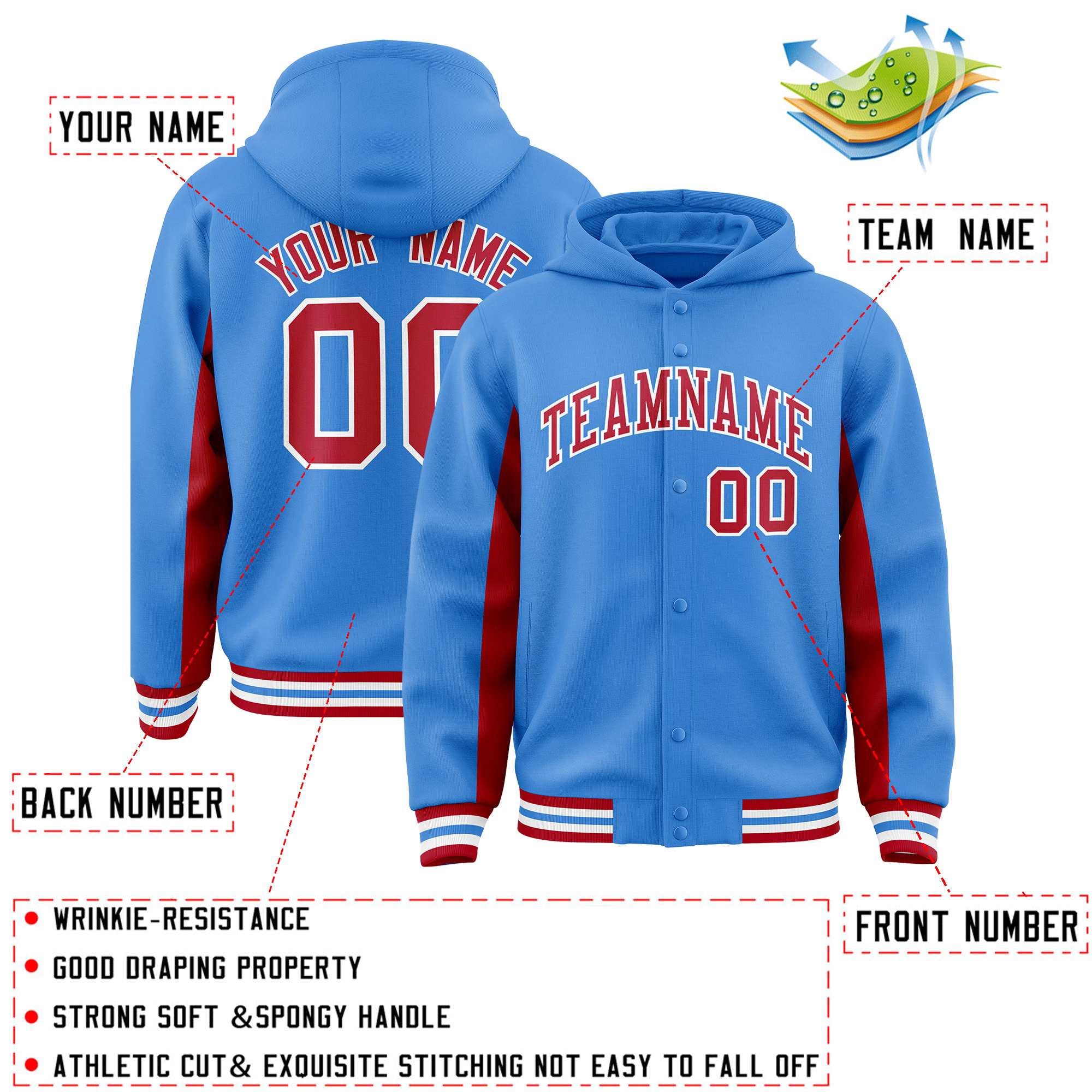 Custom Powder Blue Red Color Block Varsity Full-Snap Letterman Jacket Hoodie| KXKSHOP