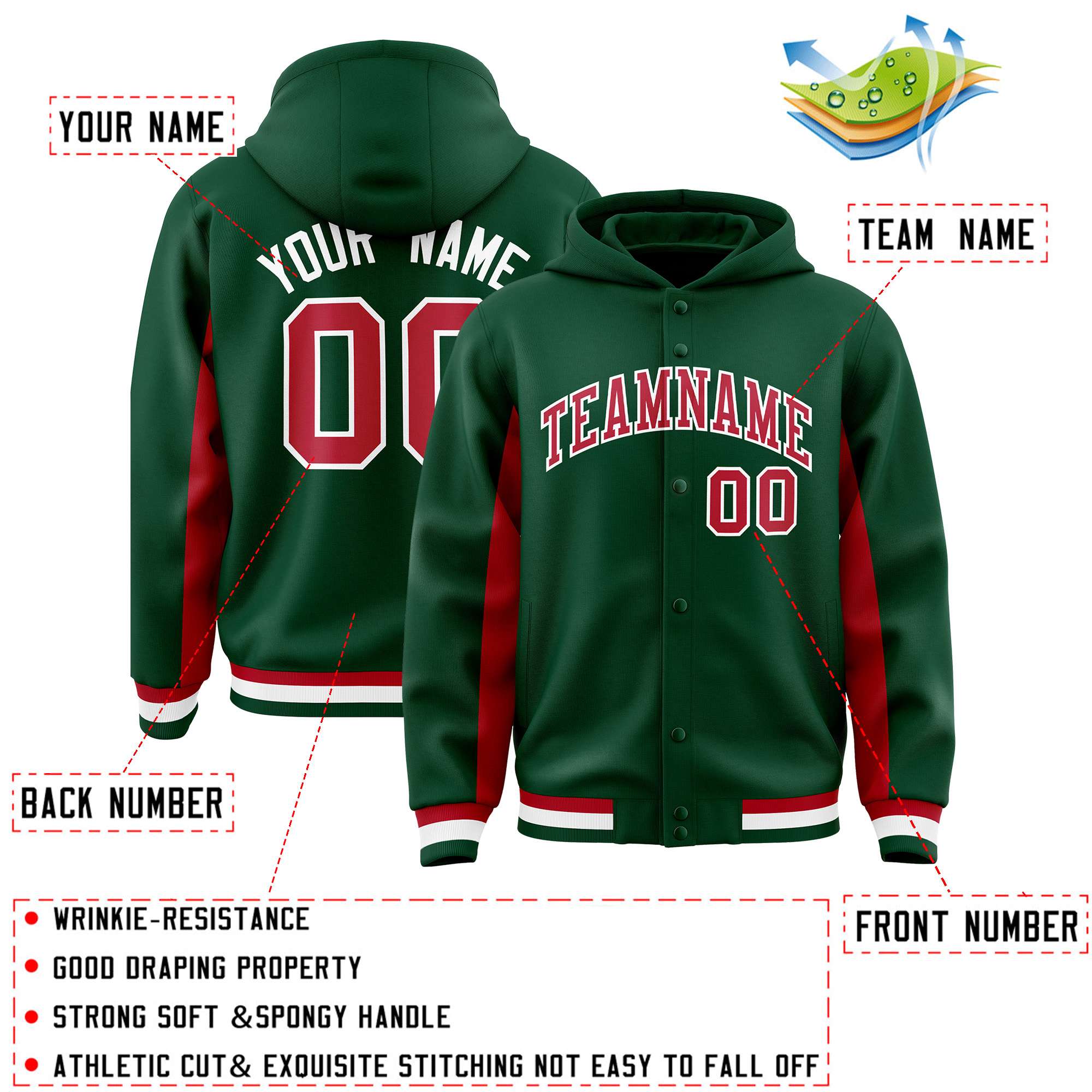Custom Green Red Color Block Varsity Full-Snap Letterman Jacket Hoodie| KXKSHOP
