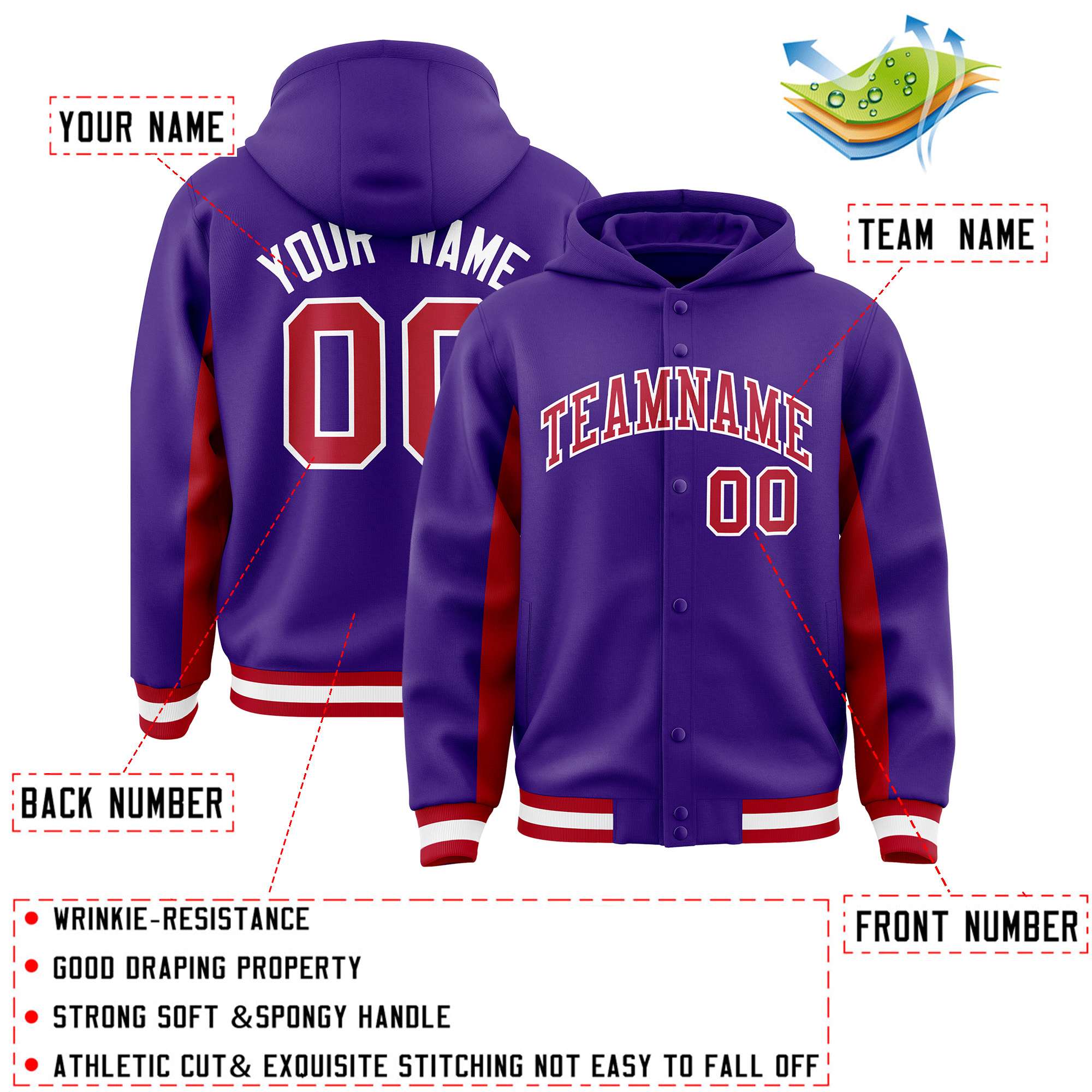 Custom Purple Red Color Block Varsity Full-Snap Letterman Jacket Hoodie| KXKSHOP