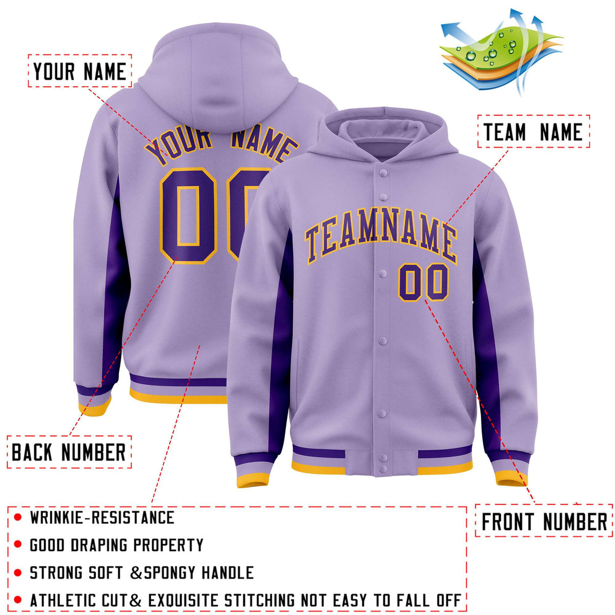Custom Light Purple Purple Color Block Varsity Full-Snap Letterman Jacket Hoodie| KXKSHOP