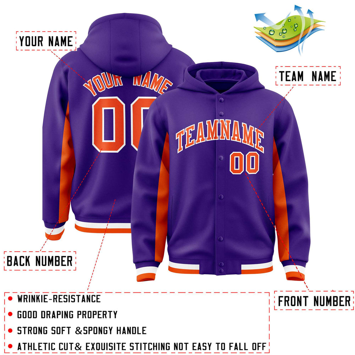 Custom Purple Orange Color Block Varsity Full-Snap Letterman Jacket Hoodie| KXKSHOP