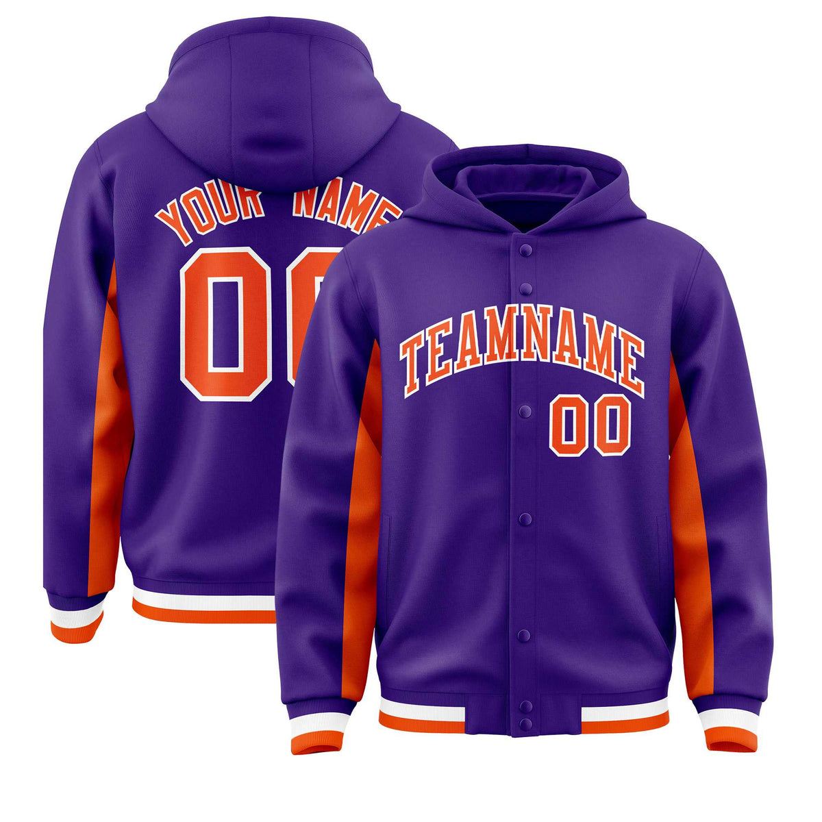 Custom Purple Orange Color Block Varsity Full-Snap Letterman Jacket Hoodie| KXKSHOP