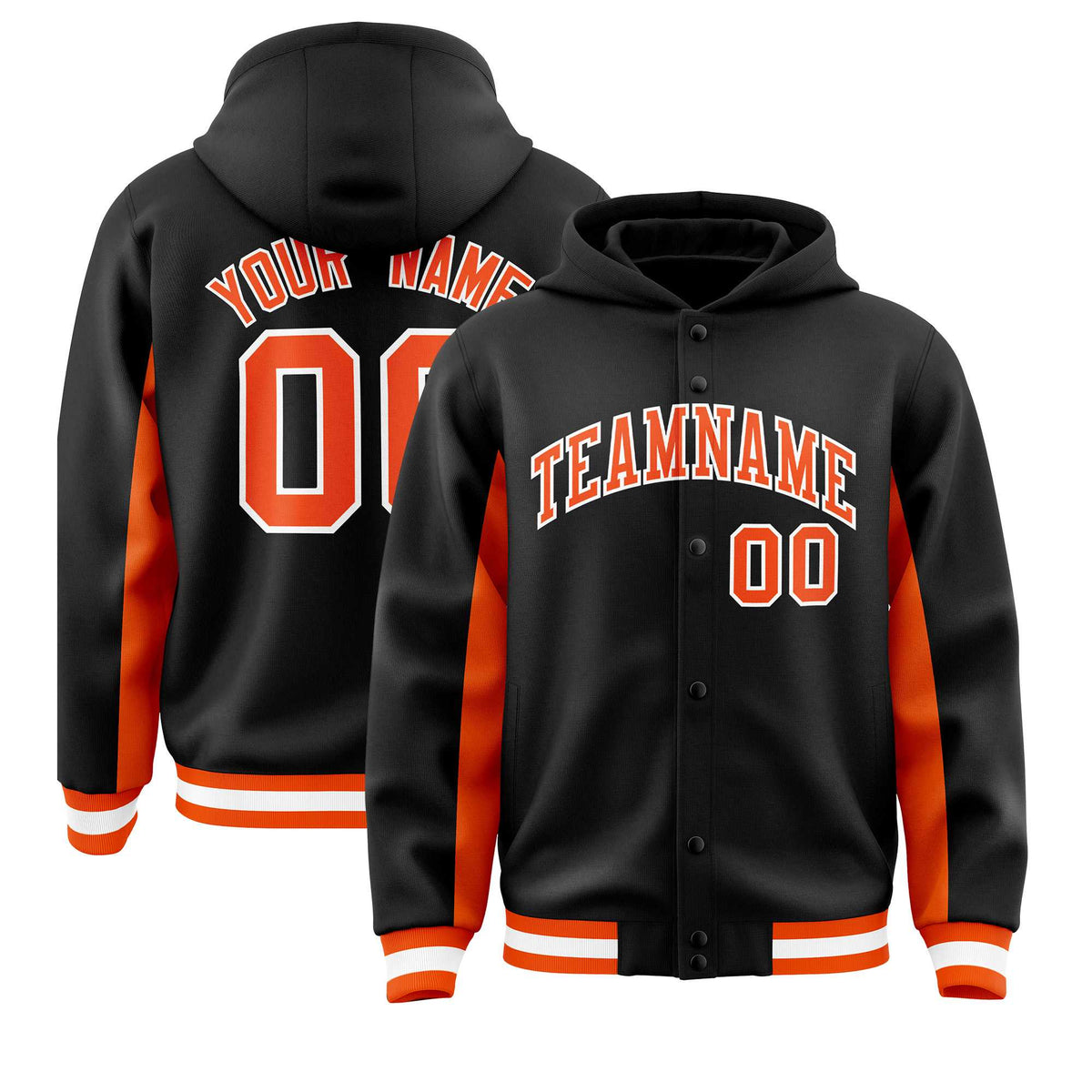 Custom Black Orange Color Block Varsity Full-Snap Letterman Jacket Hoodie| KXKSHOP