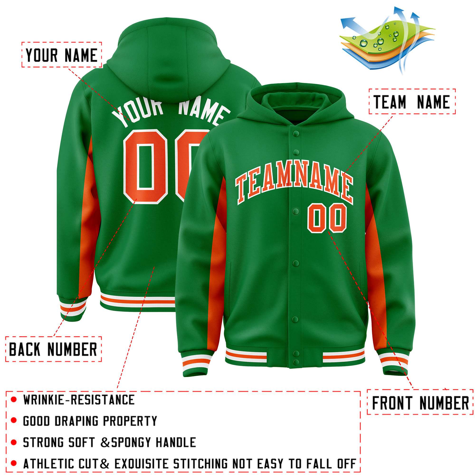 Custom Kelly Green Orange Color Block Varsity Full-Snap Letterman Jacket Hoodie| KXKSHOP