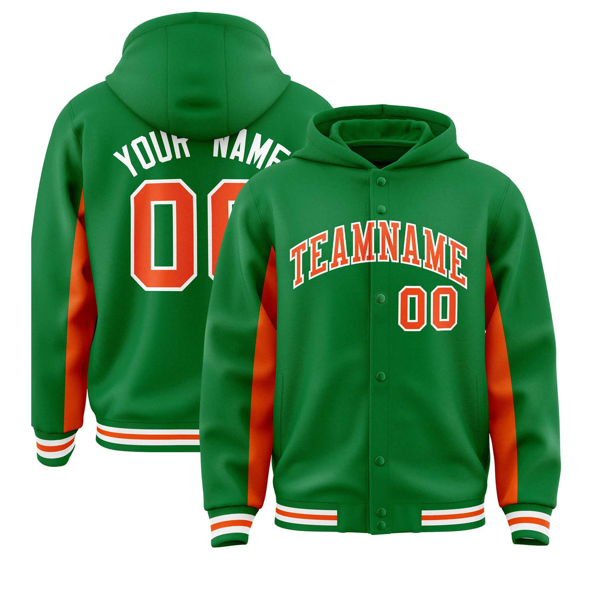 Custom Kelly Green Orange Color Block Varsity Full-Snap Letterman Jacket Hoodie| KXKSHOP