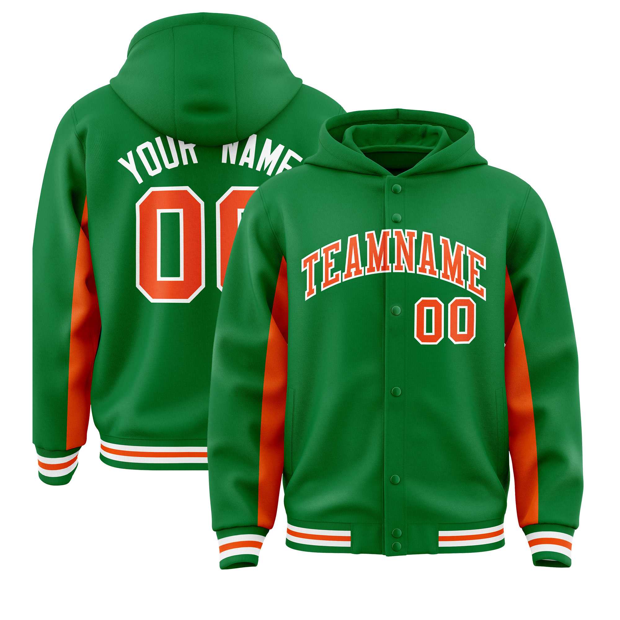 Custom Kelly Green Orange Color Block Varsity Full-Snap Letterman Jacket Hoodie| KXKSHOP