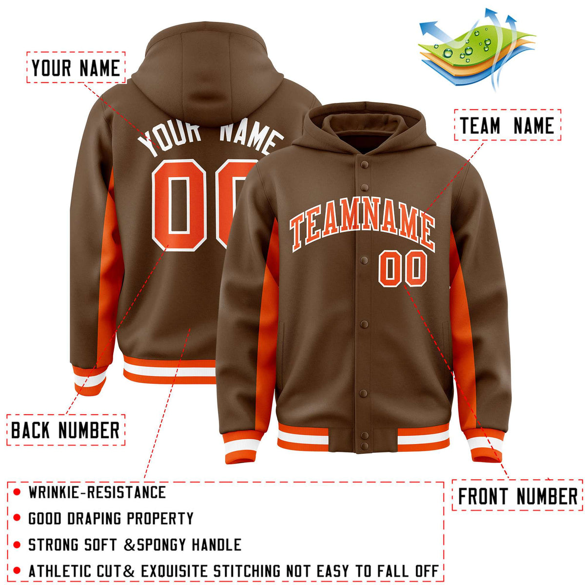 Custom Light Brown Orange Color Block Varsity Full-Snap Letterman Jacket Hoodie| KXKSHOP