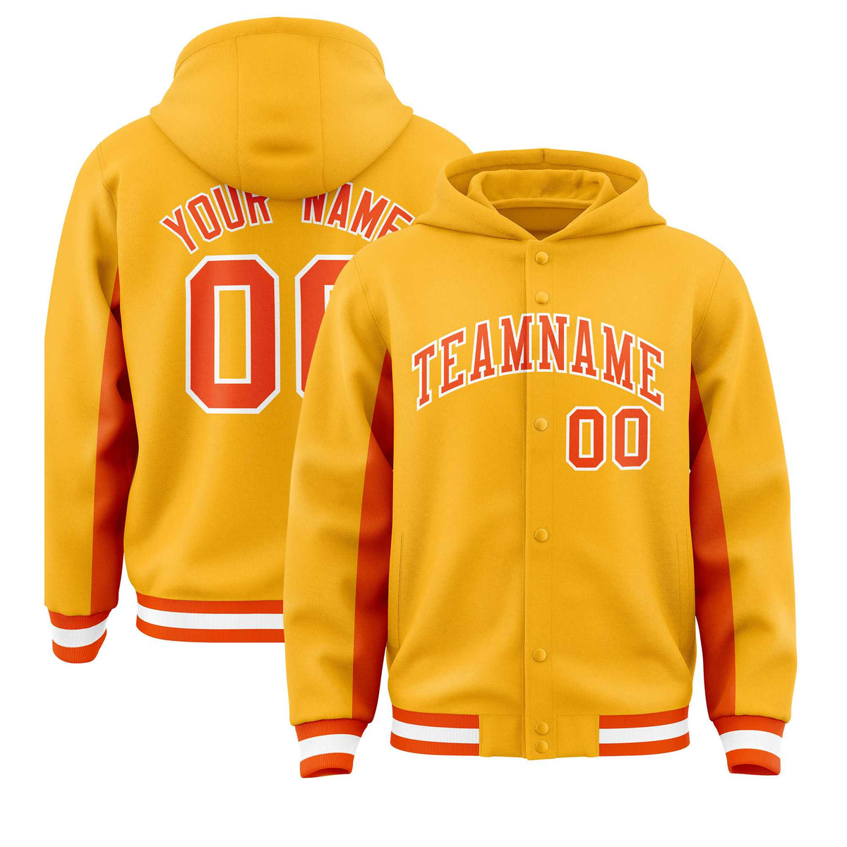 Custom Gold Orange Color Block Varsity Full-Snap Letterman Jacket Hoodie| KXKSHOP