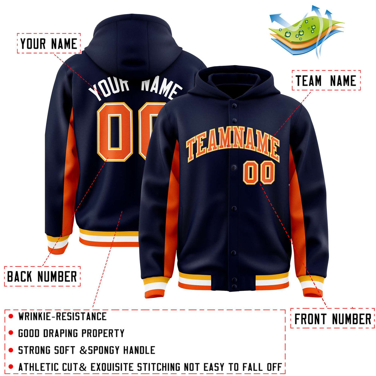 Custom Navy Orange Color Block Varsity Full-Snap Letterman Jacket Hoodie| KXKSHOP