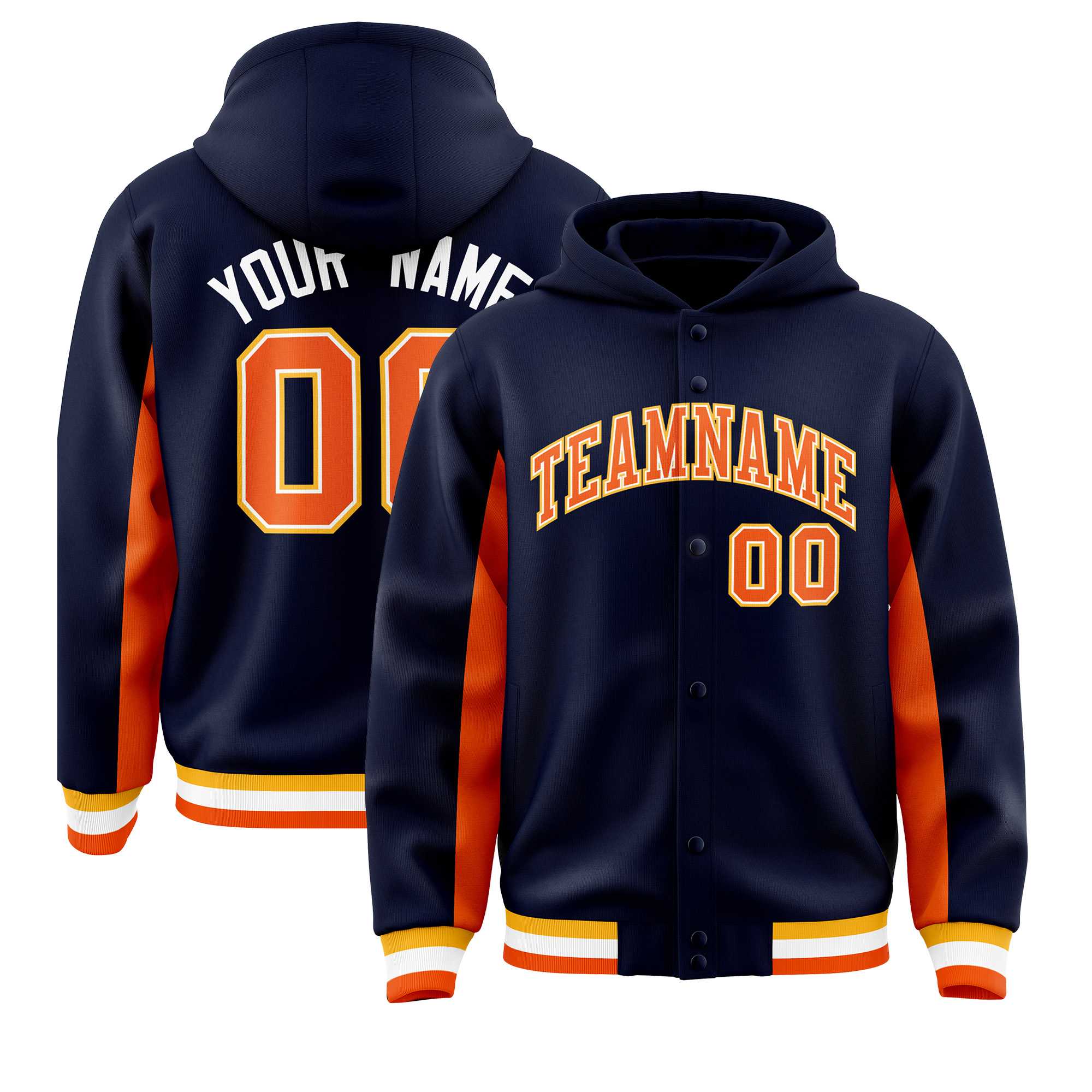 Custom Navy Orange Color Block Varsity Full-Snap Letterman Jacket Hoodie| KXKSHOP