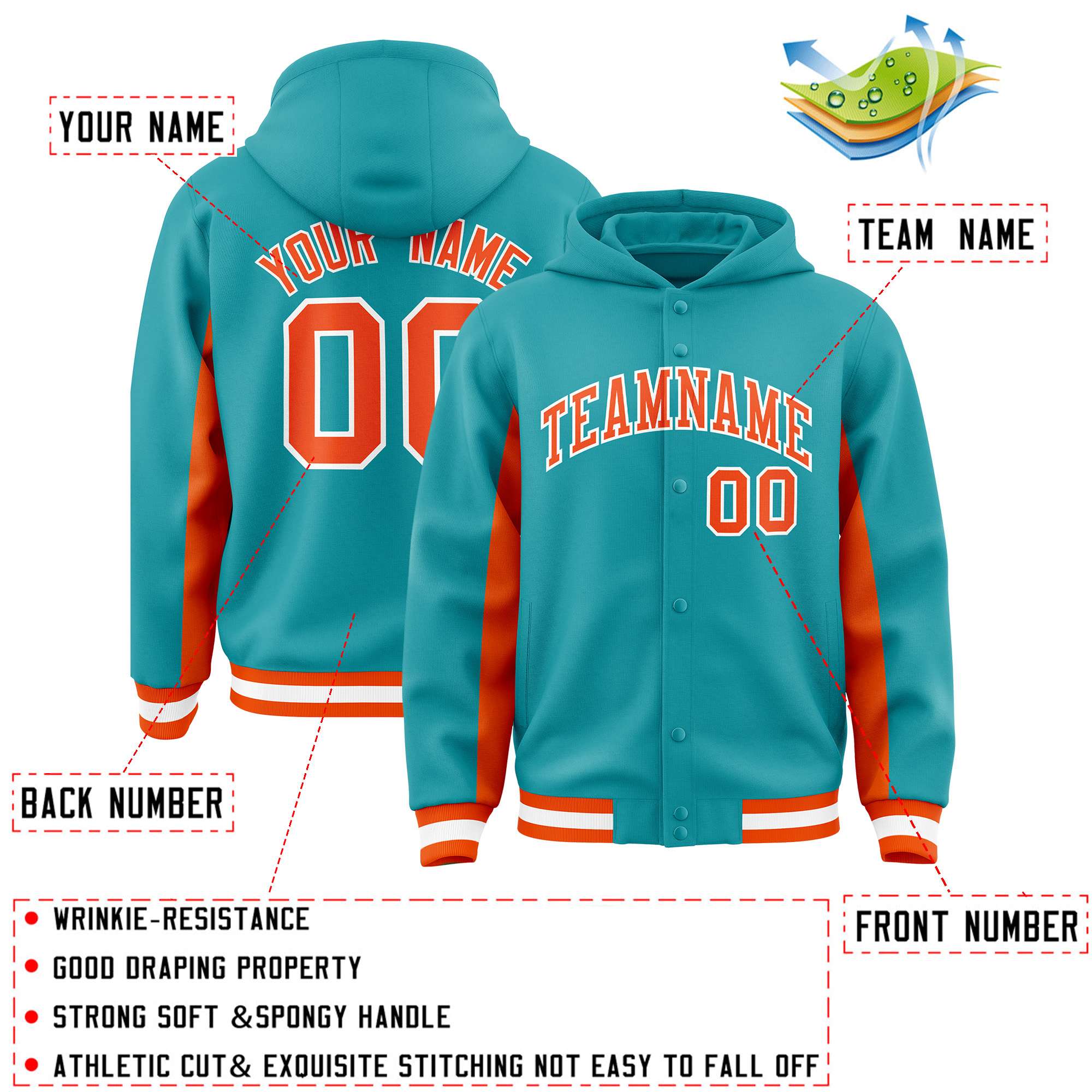 Custom Aqua Orange Color Block Varsity Full-Snap Letterman Jacket Hoodie| KXKSHOP