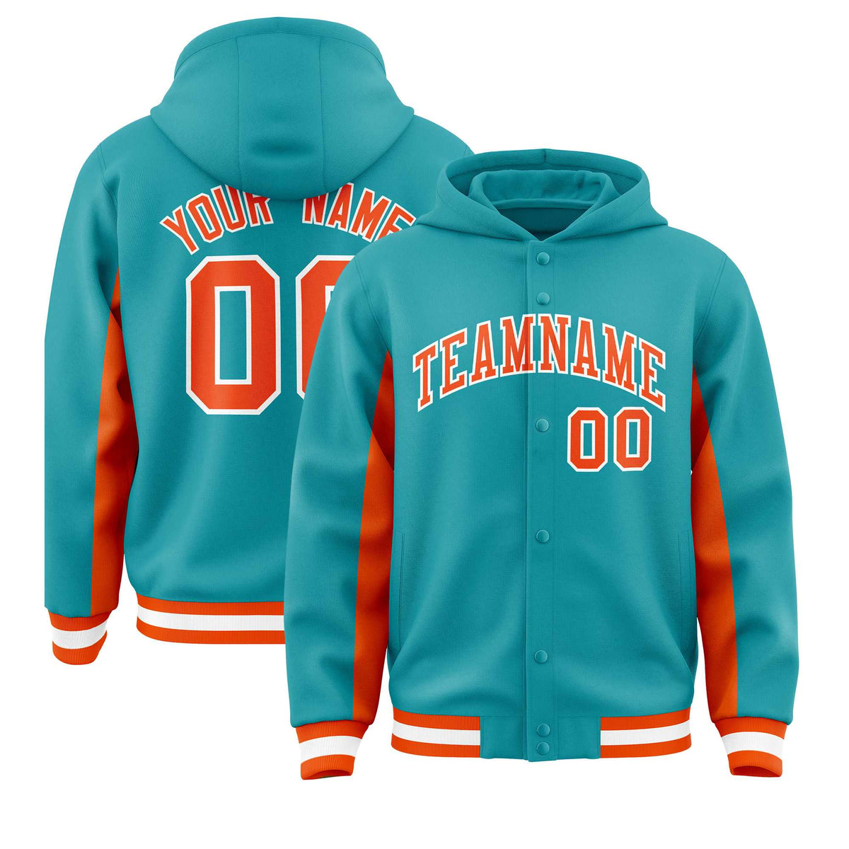 Custom Aqua Orange Color Block Varsity Full-Snap Letterman Jacket Hoodie| KXKSHOP