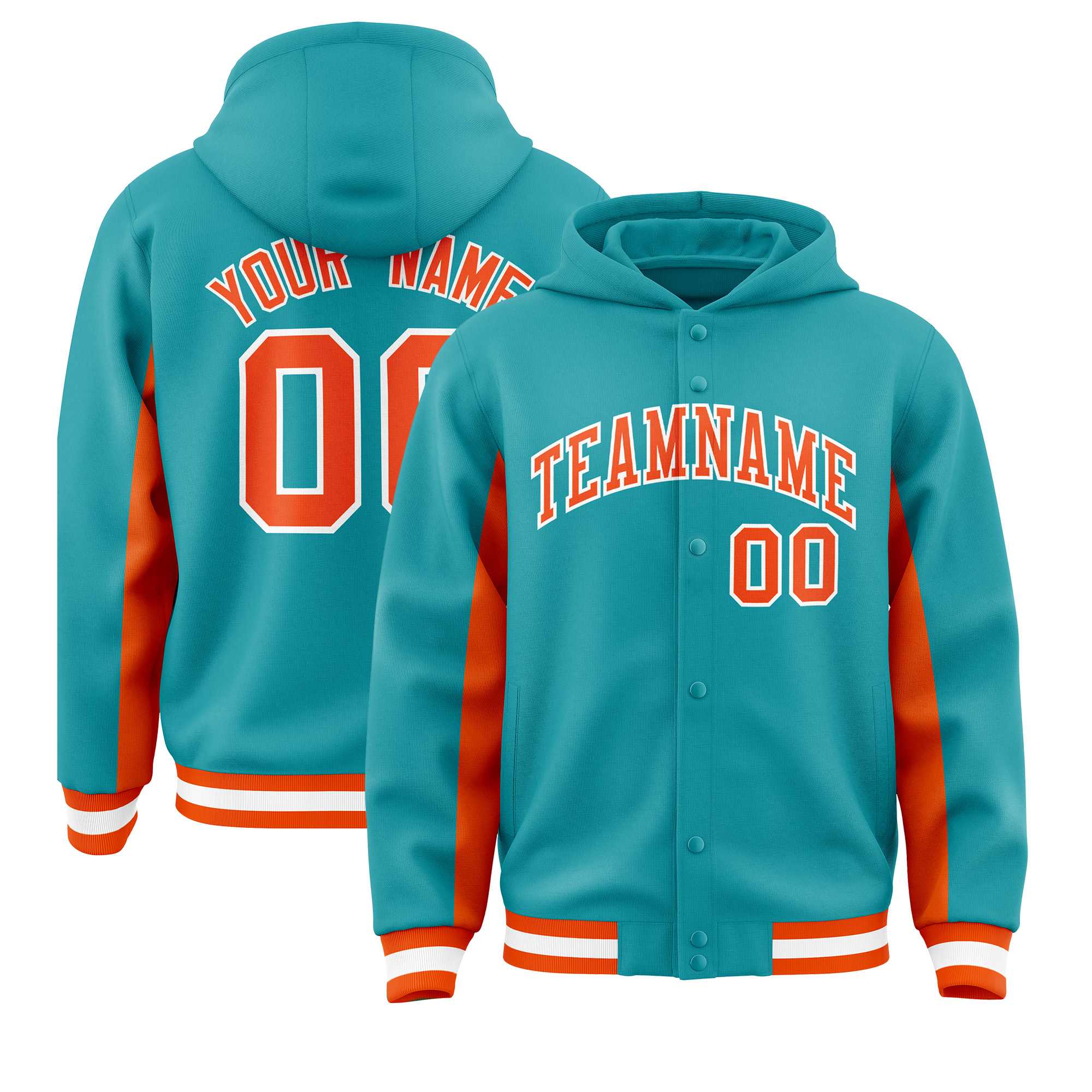 Custom Aqua Orange Color Block Varsity Full-Snap Letterman Jacket Hoodie| KXKSHOP
