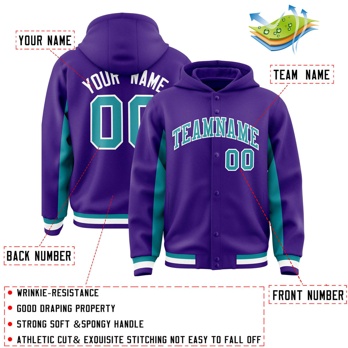 Custom Purple Aqua Color Block Varsity Full-Snap Letterman Jacket Hoodie| KXKSHOP