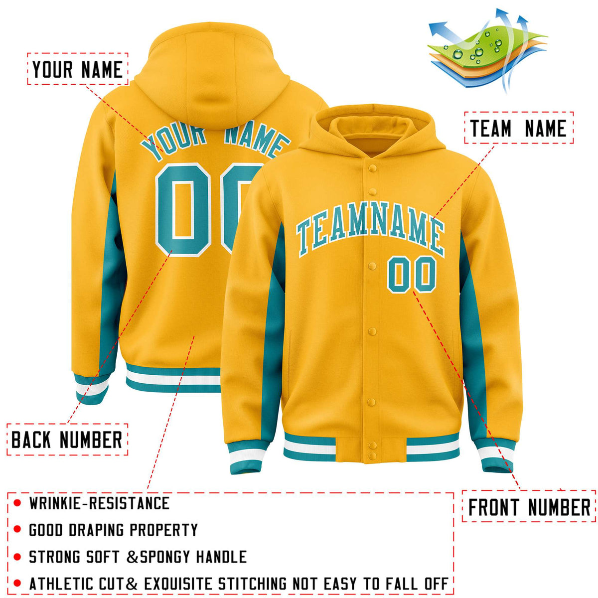 Custom Gold Aqua Color Block Varsity Full-Snap Letterman Jacket Hoodie| KXKSHOP