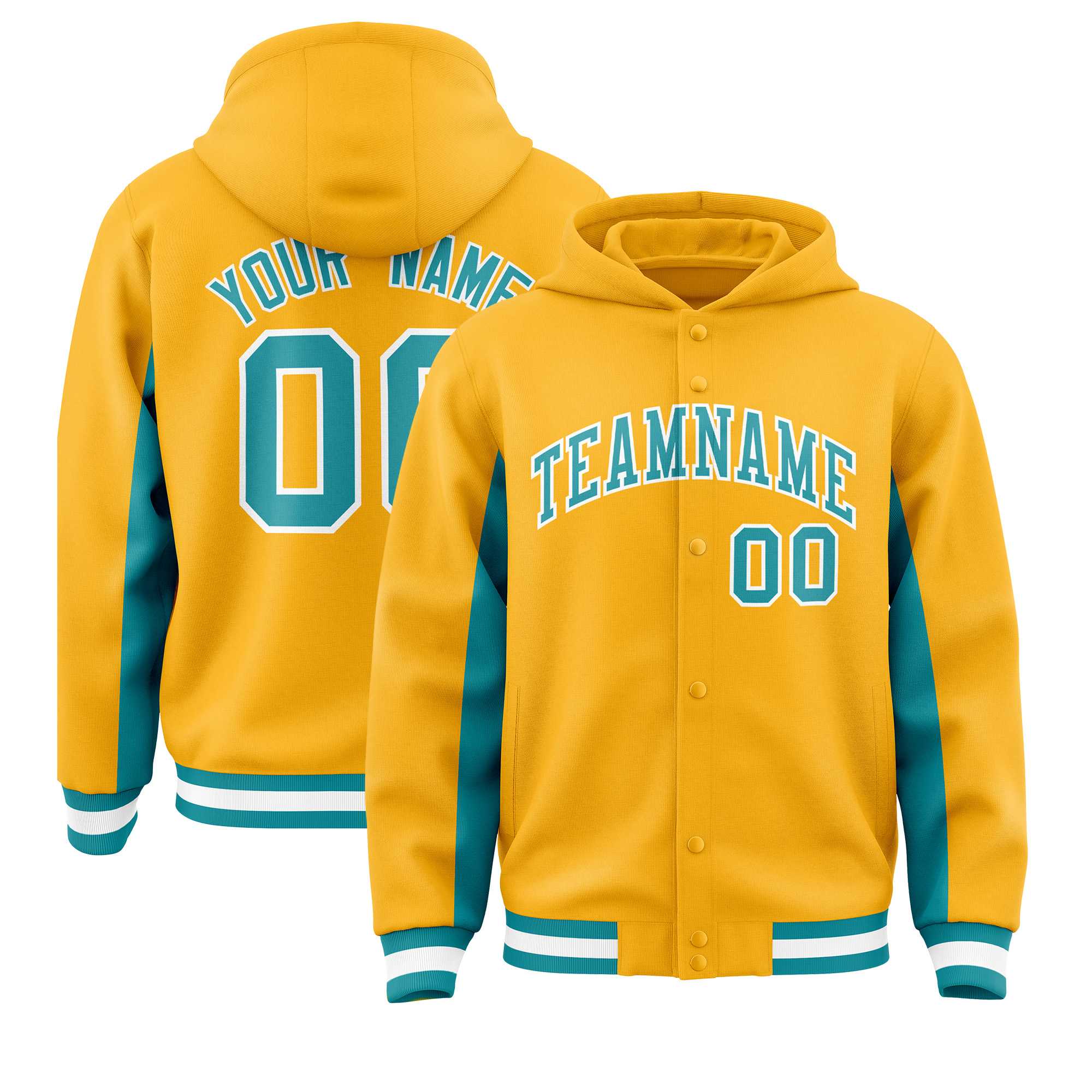 Custom Gold Aqua Color Block Varsity Full-Snap Letterman Jacket Hoodie| KXKSHOP