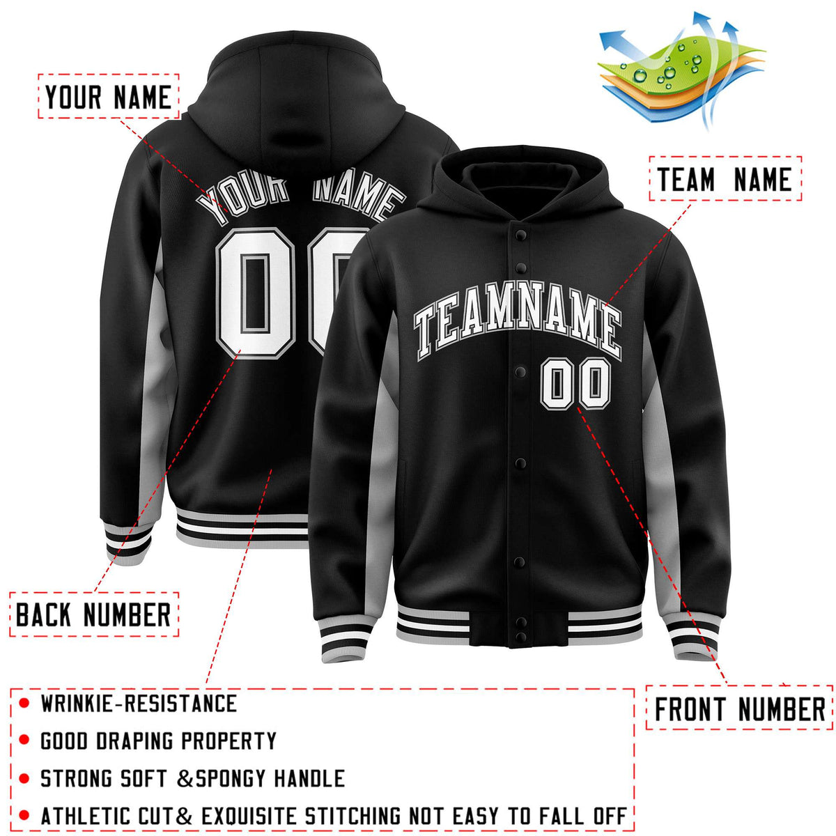 Custom Black Gray Color Block Varsity Full-Snap Letterman Jacket Hoodie| KXKSHOP