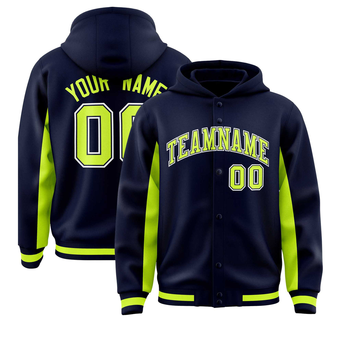 Custom Navy Neon Green Color Block Varsity Full-Snap Letterman Jacket Hoodie| KXKSHOP