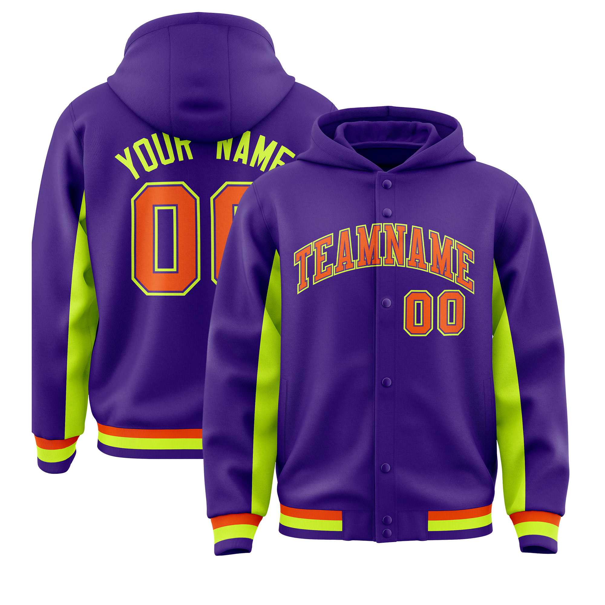 Custom Purple Neon Green Color Block Varsity Full-Snap Letterman Jacket Hoodie| KXKSHOP