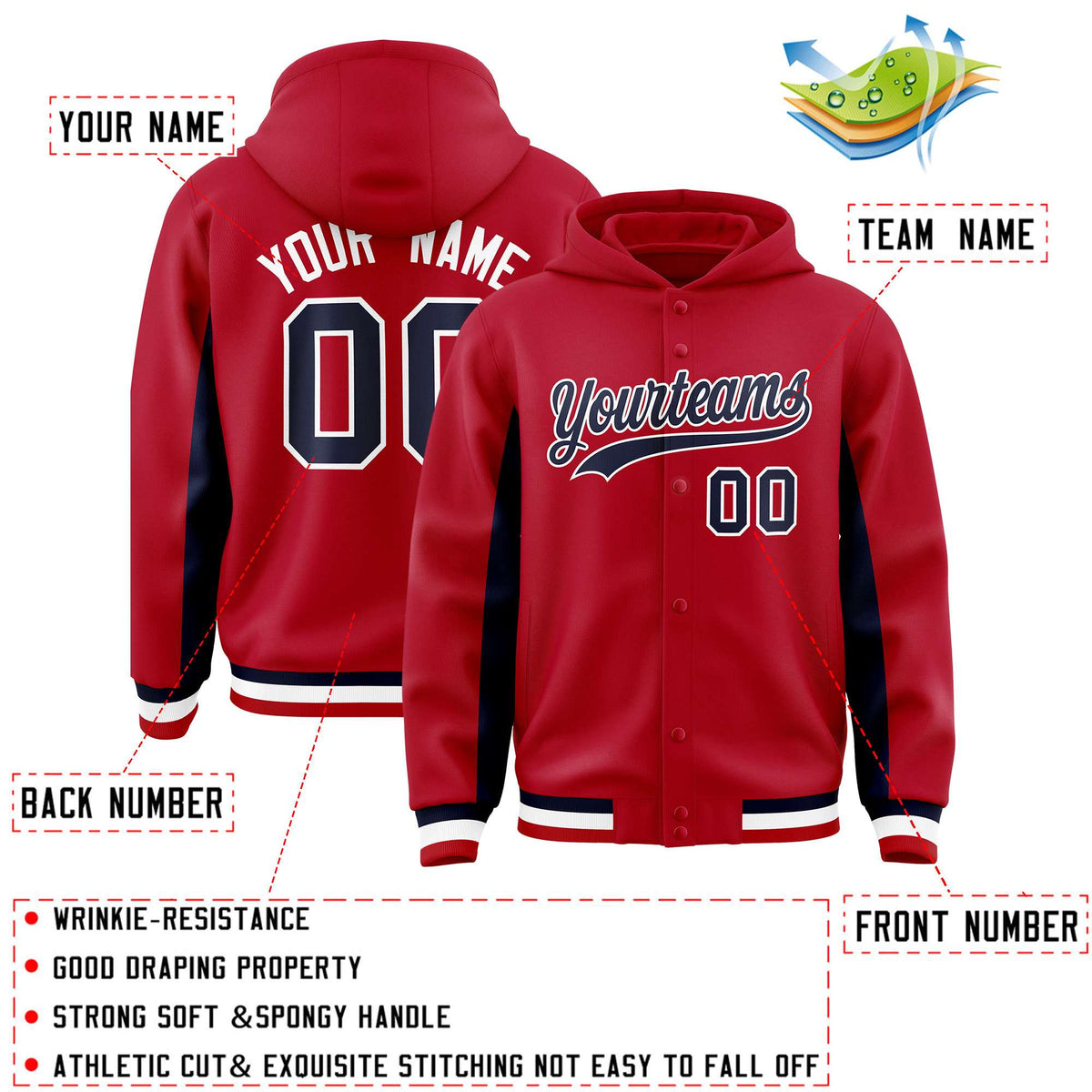 Custom Red Navy Color Block Varsity Full-Snap Letterman Jacket Hoodie| KXKSHOP