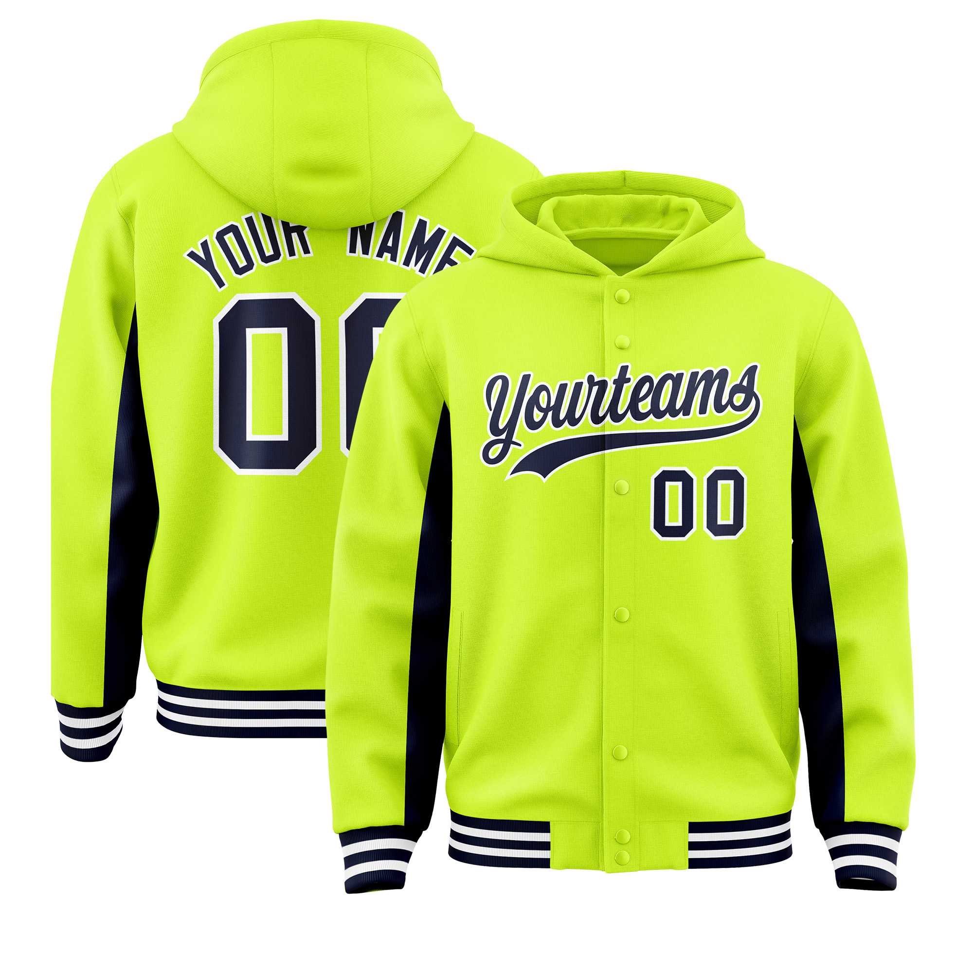 Custom Neon Green Navy Color Block Varsity Full-Snap Letterman Jacket Hoodie| KXKSHOP